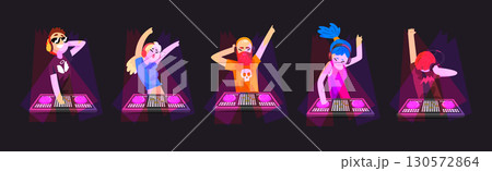DJ Man and Woman Character with Headphone Mixing Music in Club Vector Set 130572864