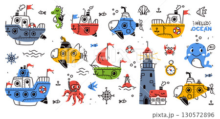 Cute Marine and Nautical Theme Clipart and Element Vector Set 130572896