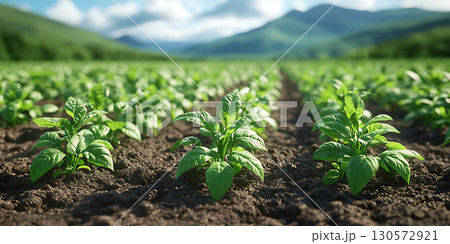 Vibrant Green Potato Plants Growing in Lush Farmland 130572921
