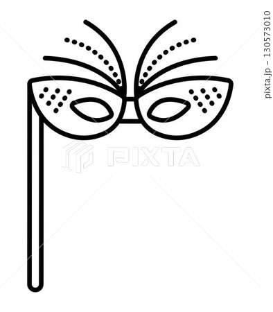 Festive masquerade mask with a stick and feathers, vector black line icon, illustration for carnival, festival, party 130573010