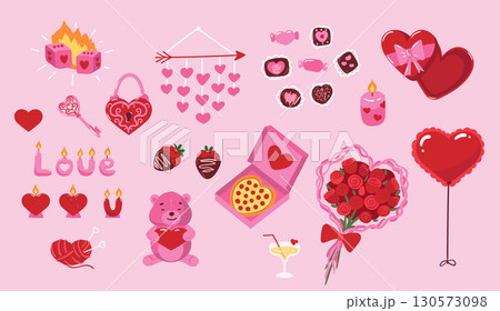 Valentine s Day vector set with romantic love symbols. Cute hearts, chocolate box, roses bouquet, champagne, balloons, gifts. Flat vector illustration isolated on pink background. 130573098