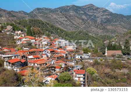 Picturesque mountain village with red tile roofs in cyprus showing traditional architecture Picturesque mountain village with red tile roofs in cyprus showing traditional architecture 130573153