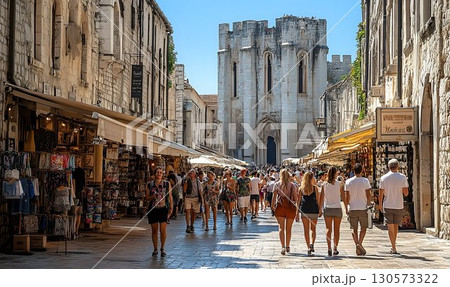 Bustling street scene in Avignon, France, with the Palais des Pa Bustling street scene in Avignon, France, with the Palais des Pa 130573322