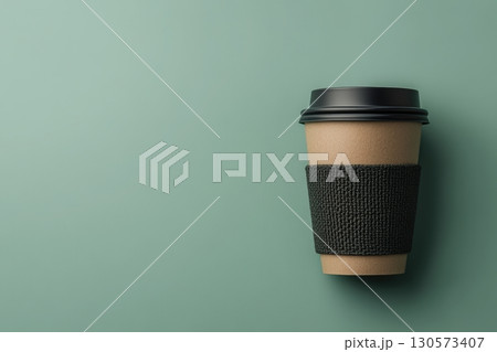 Coffee cup resting on a green surface with a textured sleeve for grip Coffee cup resting on a green surface with a textured sleeve for grip 130573407