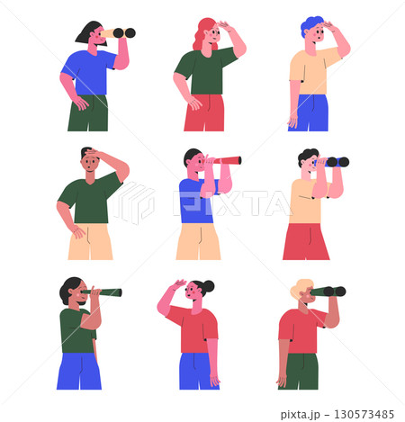 People Character Looking Into Distance with Spyglass and Binocular Vector Set 130573485