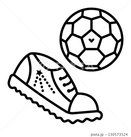 Black line football game icon, sneakers and ball. Vector monochrome illustration, sport accessories Black line football game icon, sneakers and ball. Vector monochrome illustration, sport accessories 130573524
