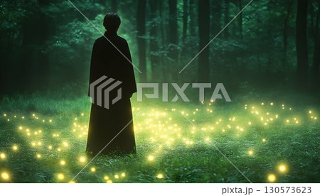 Cloaked Figure Amidst Glowing Lights in a Mystical Forest Scene Cloaked Figure Amidst Glowing Lights in a Mystical Forest Scene 130573623