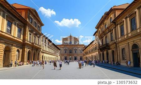 Sunny Day in Florence: Piazza with Basilica and Crowds of People 130573632