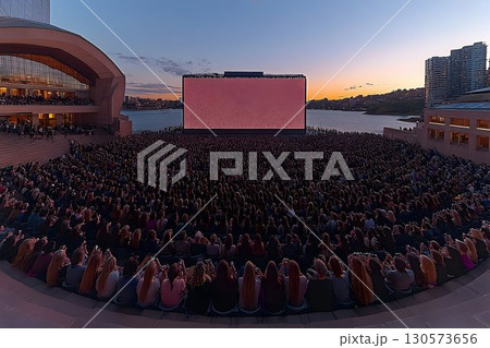 Sydney Opera House outdoor cinema event at dusk with a large cro 130573656