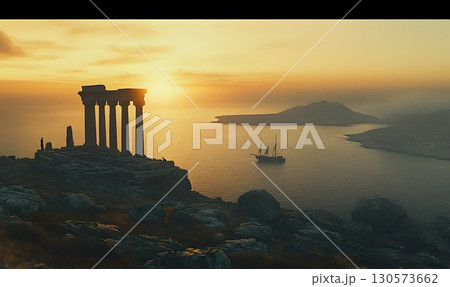 Ancient Greek Temple Silhouette at Sunset with Sailing Ship and Ancient Greek Temple Silhouette at Sunset with Sailing Ship and 130573662