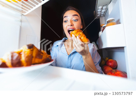 Cheat meal. Young woman taking plate with croissants from fridge, biting one, view from inside 130573797