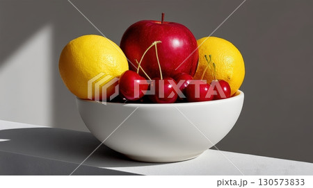 Fresh fruits arranged in a white bowl on a countertop with soft natural light 130573833
