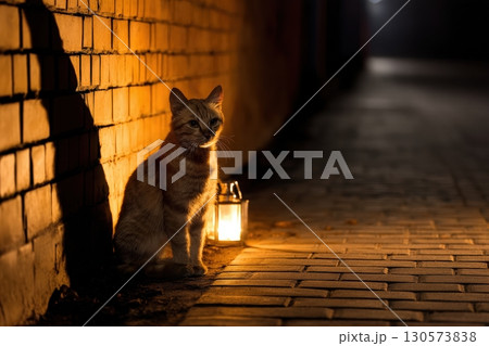 A cat rests beside a lantern on a cobblestone path at night in a quiet alley 130573838