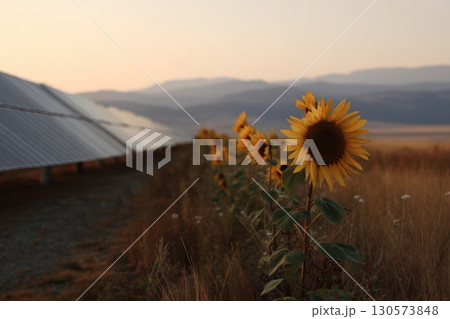 Sunflowers bloom beside solar panels at sunset in a rural landscape 130573848