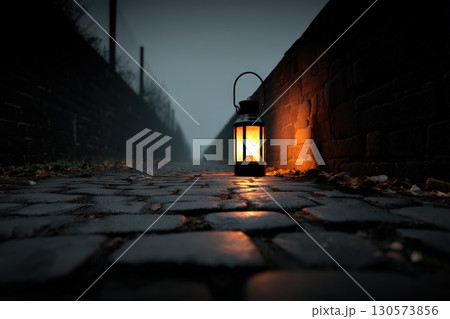 Lantern illuminating a cobblestone path on a foggy evening in a historical setting 130573856