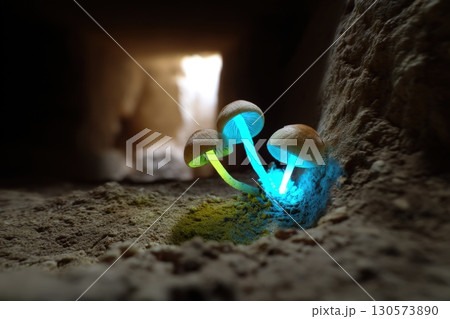 Mushrooms glowing in a cave illuminated by natural light during the day 130573890