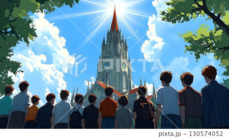 Group of young men gaze at a towering cathedral with a red spire 130574052