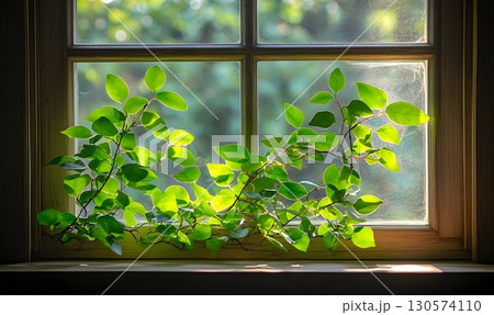 Sunlit Leaves Climbing a Wooden Window Frame with Blurred Green 130574110