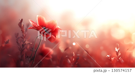 Red Poppy Bloom Sunrise in a Field of Flowers 130574157