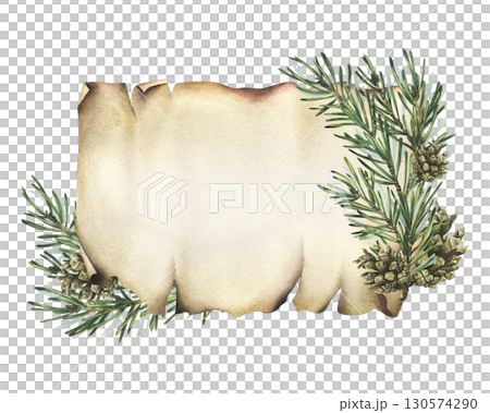 Vintage Christmas template with spruce branches and pinecones on aged scroll paper, rustic holiday design, hand-painted watercolor illustration, frame for festive greeting cards and invitations. 130574290