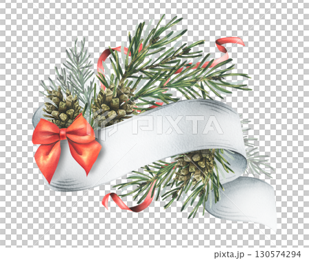 Elegant template with spruce branches and pinecones wrapped in white ribbon and bow, festive winter design, hand-painted watercolor illustration, decorative frame for greeting cards and text. Elegant template with spruce branches and pinecones wrapped in white ribbon and bow, festive winter design, hand-painted watercolor illustration, decorative frame for greeting cards and text. 130574294