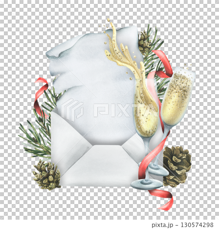 Festive template with envelope, spruce branches, champagne glasses and red ribbons, holiday scroll design, hand-painted watercolor illustration, frame for Christmas or New Year celebration. Festive template with envelope, spruce branches, champagne glasses and red ribbons, holiday scroll design, hand-painted watercolor illustration, frame for Christmas or New Year celebration. 130574298