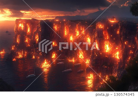 Fiery cliffs ablaze at sunset, boats adrift in the glowing sea Fiery cliffs ablaze at sunset, boats adrift in the glowing sea 130574345