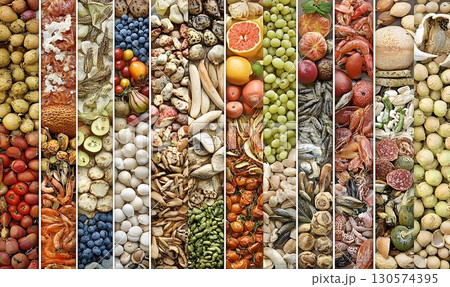 Vertical Composition of Diverse Foods Showcasing Culinary Variet 130574395