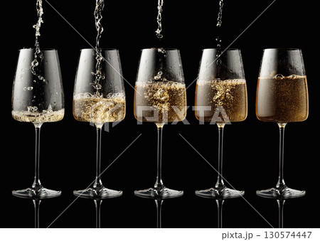 Pouring white wine into a glass. Pouring white wine into a glass. 130574447