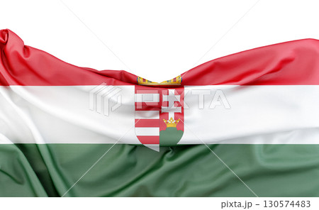 Flag of Hungary with Coat of arms isolated on white background with copy space above. 3D rendering Flag of Hungary with Coat of arms isolated on white background with copy space above. 3D rendering 130574483