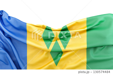 Flag of Saint Vincent and the Grenadines isolated on white background with copy space above. 3D rendering Flag of Saint Vincent and the Grenadines isolated on white background with copy space above. 3D rendering 130574484