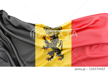 Flag of Belgium with Coat of arms isolated on white background with copy space above. 3D rendering Flag of Belgium with Coat of arms isolated on white background with copy space above. 3D rendering 130574487