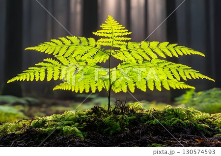 Backlit Fern Frond on Mossy Mound in Dark Forest, Illuminated by 130574593