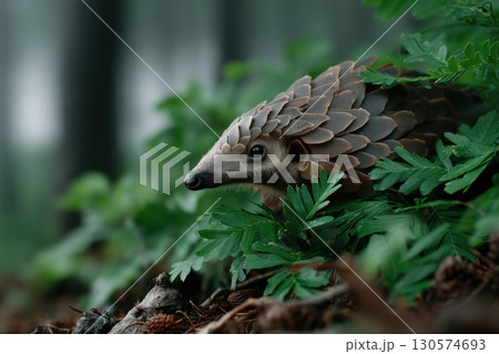Pangolin resting among green foliage in a tranquil forest during early morning light 130574693