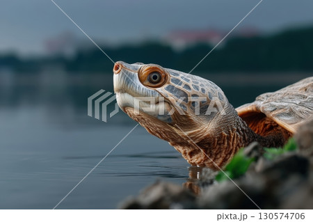 Close-up of a turtle emerging near the water's edge at a tranquil lakeside environment 130574706