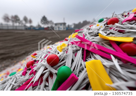 Colorful plastic materials scattered on a construction site during a cloudy day near a house 130574735