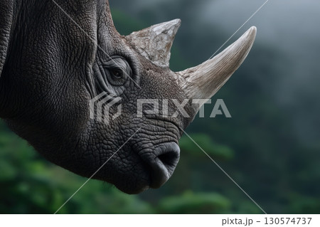 Close-up of a rhinoceros in natural habitat with blurred greenery in the background 130574737