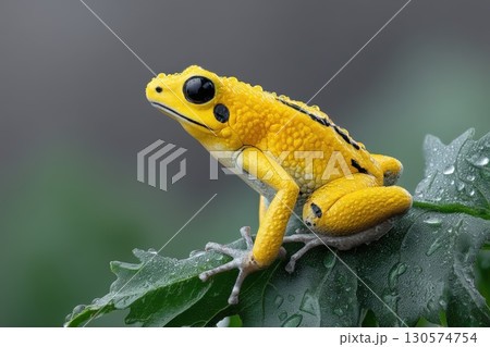 Bright yellow frog on a green leaf covered in droplets in a tropical setting 130574754