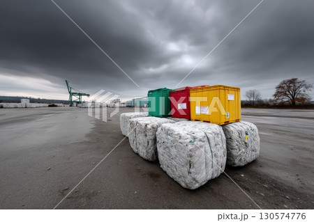 Colorful recycling bins stacked beside large bales in an industrial area under a cloudy sky 130574776