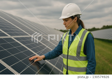 Female Solar Energy Engineer Inspecting Photovoltaic Panels in Field Under Cloudy Sky 130574926