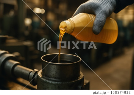Industrial Maintenance Gloved Hand Pouring Golden Lubricant into Metal Container Factory Setting Mechanical Process 130574932