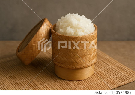Traditional Sticky Rice in Bamboo Container Thailand Food Presentation Gray Background Cultural Concept 130574985