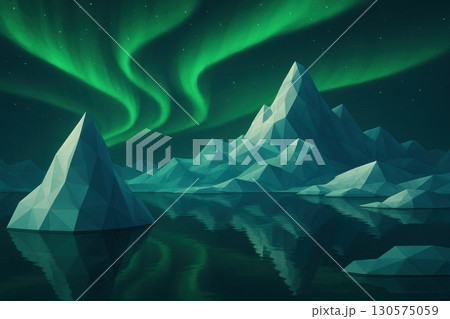 Calm Nightscape Lowpoly Icebergs Under Green Aurora Borealis Arctic Serenity Digital Artwork Frosty Reflections 130575059