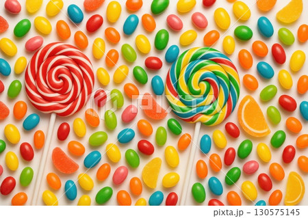 Colorful Candy Display with Lollipops and Jellybeans Kids Party Treats Playful Confectionery Layout Sweet Celebration 130575145