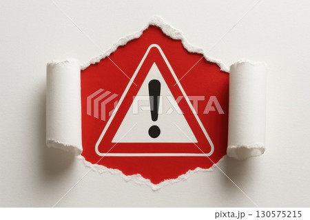 Critical Alert Sign Revealed by Torn Paper Flat lay Design Risk Exposure Sharp Contrast Graphic Art, Red Warning 130575215