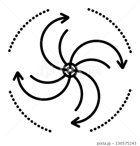 Products recycling and events cyclicality, natural phenomena - whirlwind, hurricane. Spiral with arrows black line vector icon. Outline monochrome sign 130575243