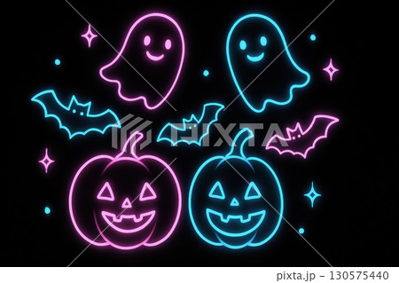 Halloween Celebration with Neon Pastel Pumpkins and Ghosts Digital Art Black Background Whimsical Style Halloween Celebration with Neon Pastel Pumpkins and Ghosts Digital Art Black Background Whimsical Style 130575440