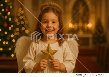 Joyful Christmas Angel Girl Holding Star in Church Warm Lights Festive Spirit Captivating Scene 130575452