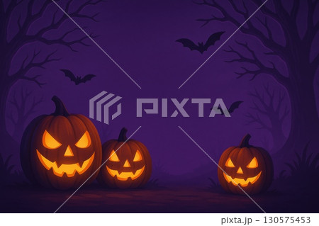 Spooky Halloween Night with Glowing Carved Pumpkins Haunted Trees and Flying Bats in a Dark Atmosphere 130575453
