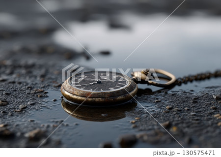 Rustic pocket watch rests on wet ground reflecting time and nature's essence 130575471